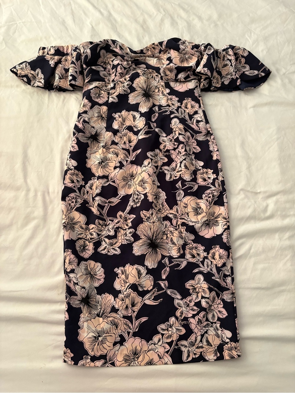 Bardot Off-Shoulder Floral Midi Dress - Black & Blush, Size 6